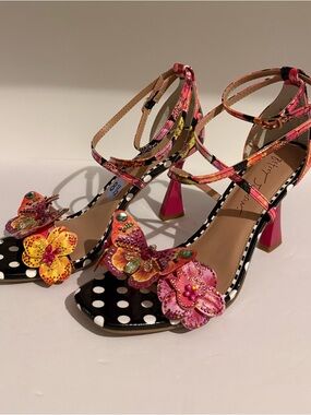Betsey Johnson Pink Floral Butterfly Polka-Dot Strappy Heels